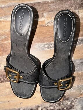 Coach Black Slide Mules with Gold Buckles